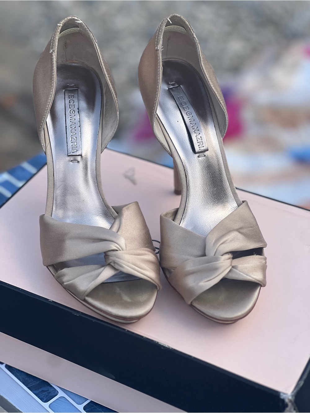 BCBGMaxAzria Champagne Satin Knot D'Orsay Heels